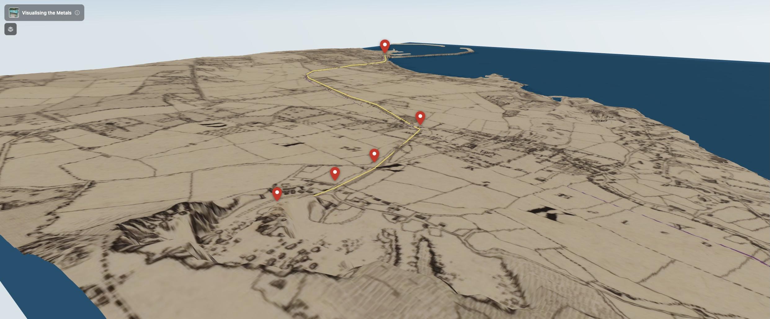 a view of the landscape with the 1837 Ordnance Survey map overlaid with the route line visible, showing Dalkey, Glasthule, and the harbour